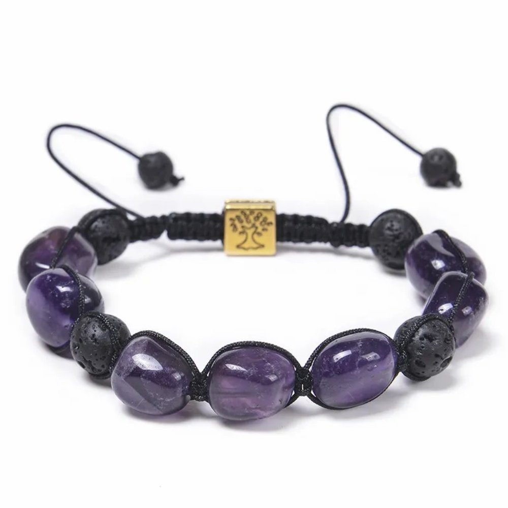 Unisex Purple Amethyst Stone & Black Lava Rock Beaded Braided Rope Bracelet NEW